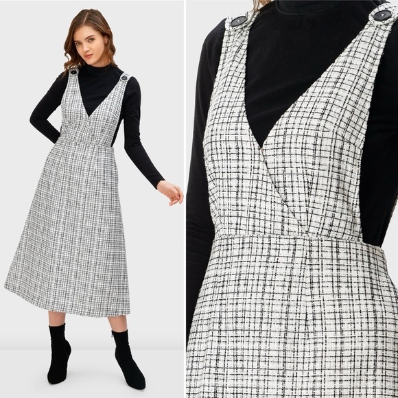 eShakti Lurex Boucle Tweed Pinafore Dress Medium 10 white black jumper midi - Picture 1 of 14